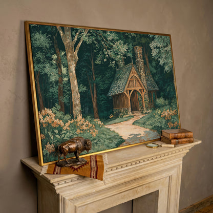 Forest Cabin at the End of a Winding Path Canvas in rose gold floating frame