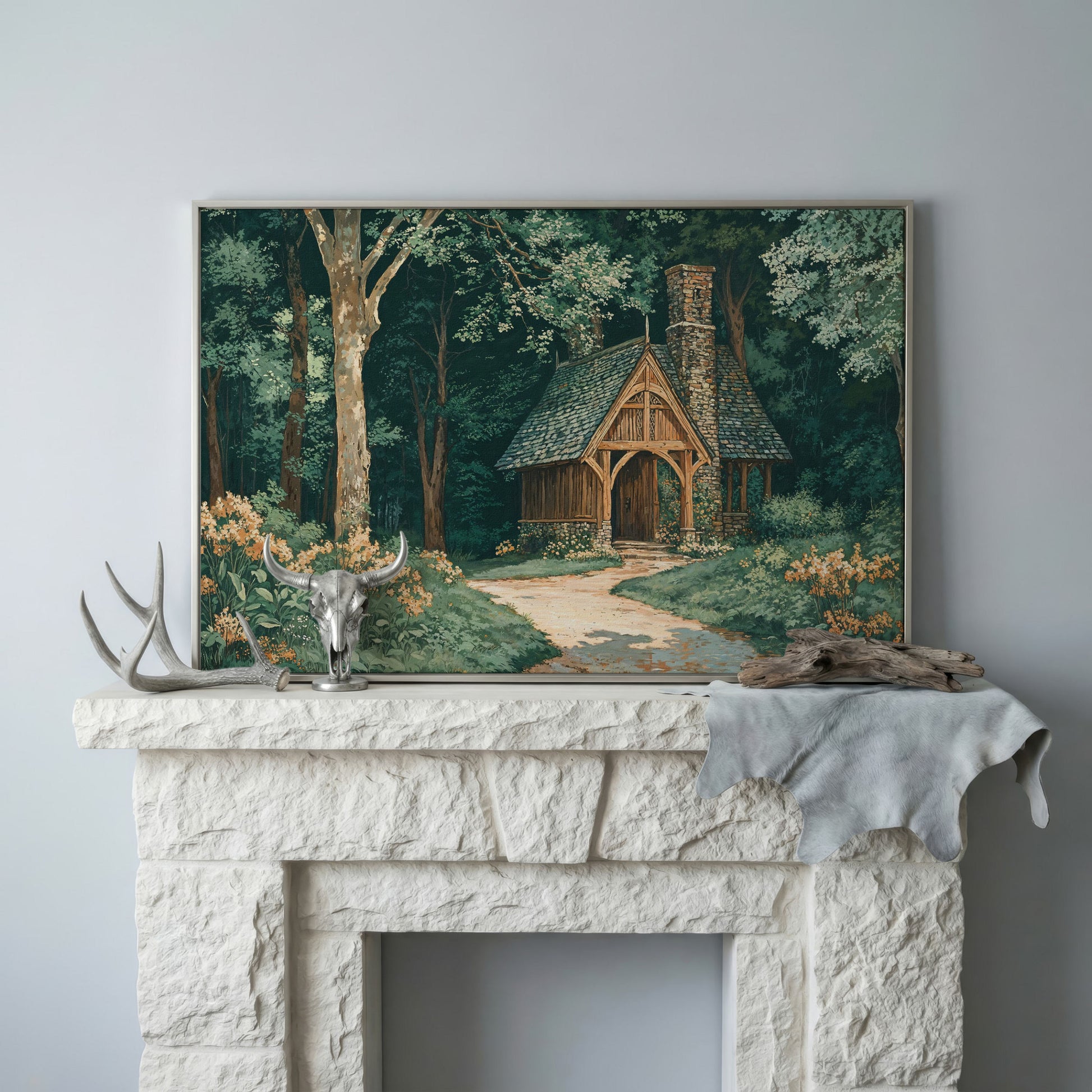 Forest Cabin at the End of a Winding Path Canvas in silver floating frame