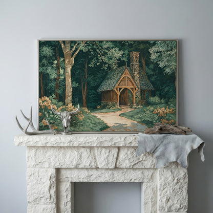 Forest Cabin at the End of a Winding Path Canvas in silver floating frame