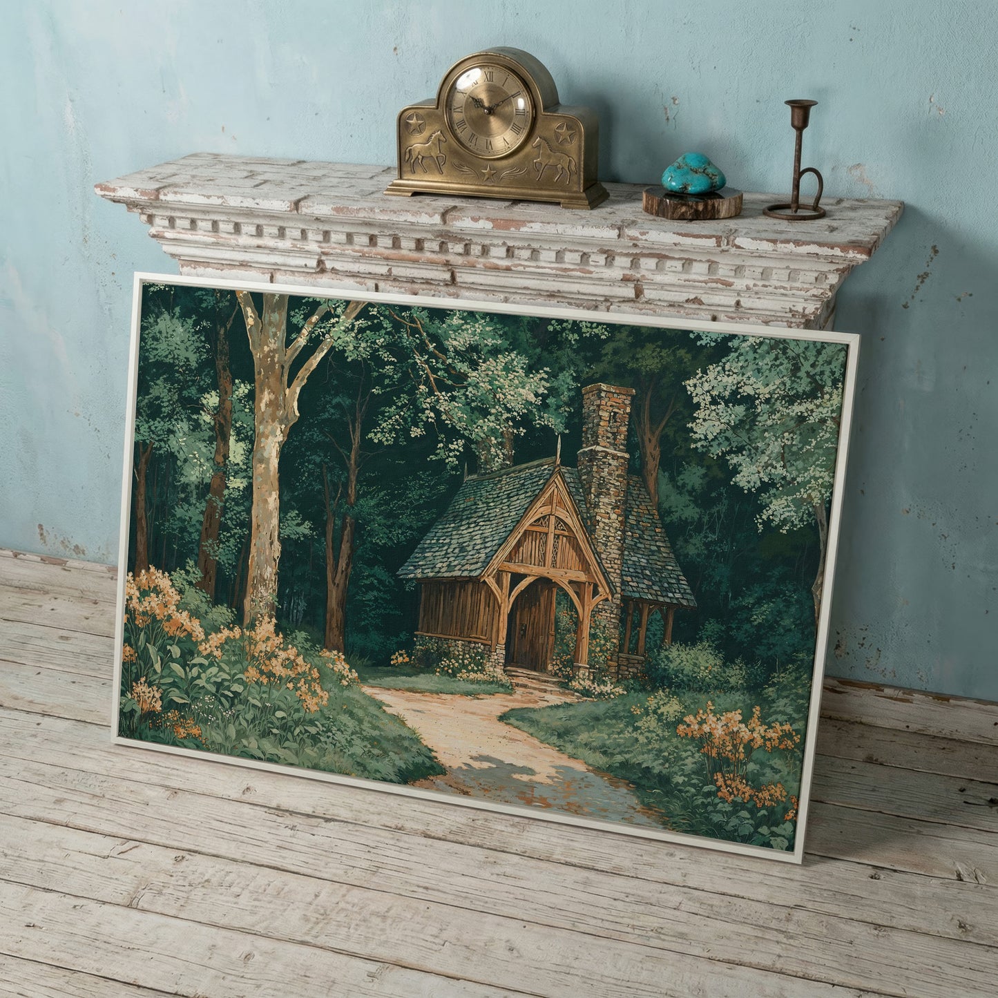 Forest Cabin at the End of a Winding Path Canvas in white floating frame