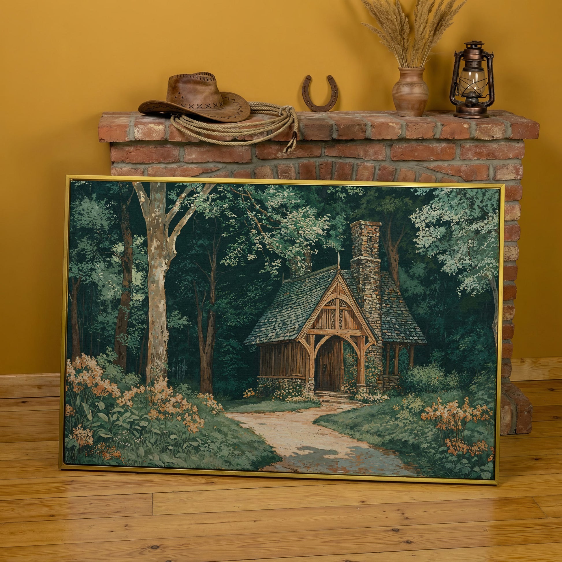 Forest Cabin at the End of a Winding Path Canvas in yellow gold floating frame