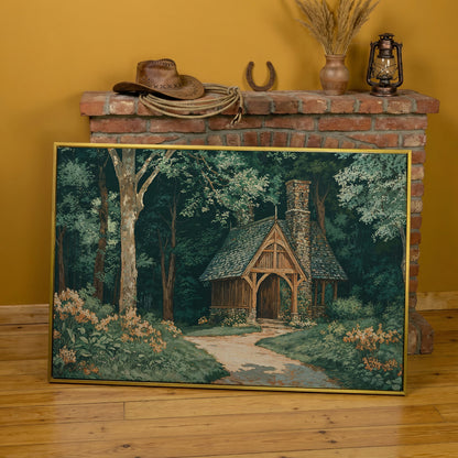 Forest Cabin at the End of a Winding Path Canvas in yellow gold floating frame