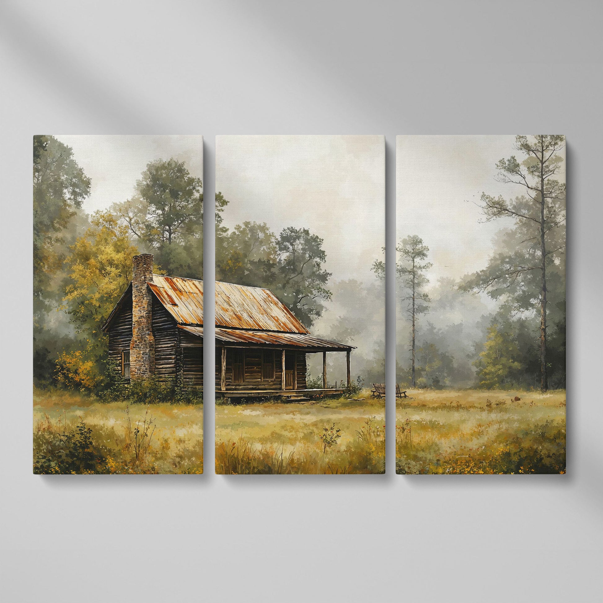 Misty Cabin in the Field Canvas Print as 3-panel split version