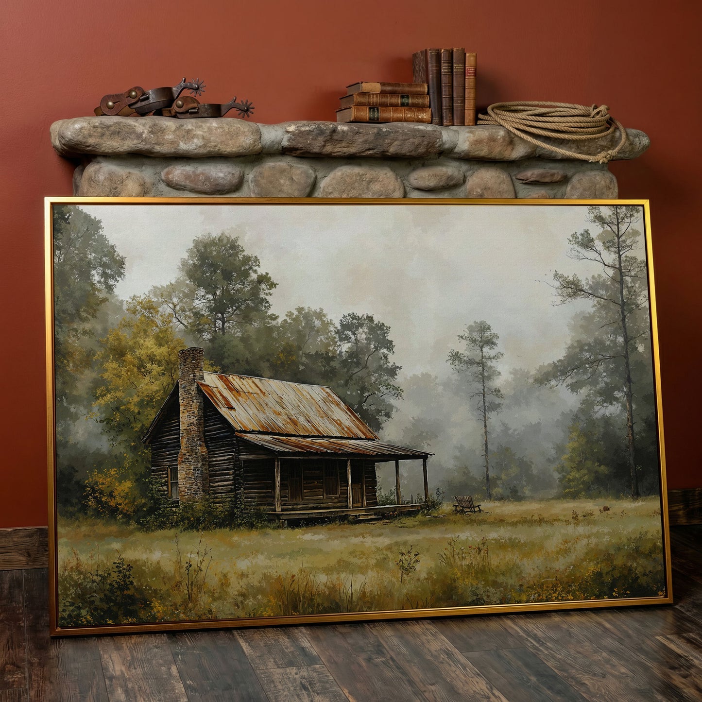 Misty Cabin in the Field Canvas Print in antique gold floating frame