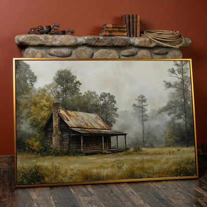 Misty Cabin in the Field Canvas Print in antique gold floating frame