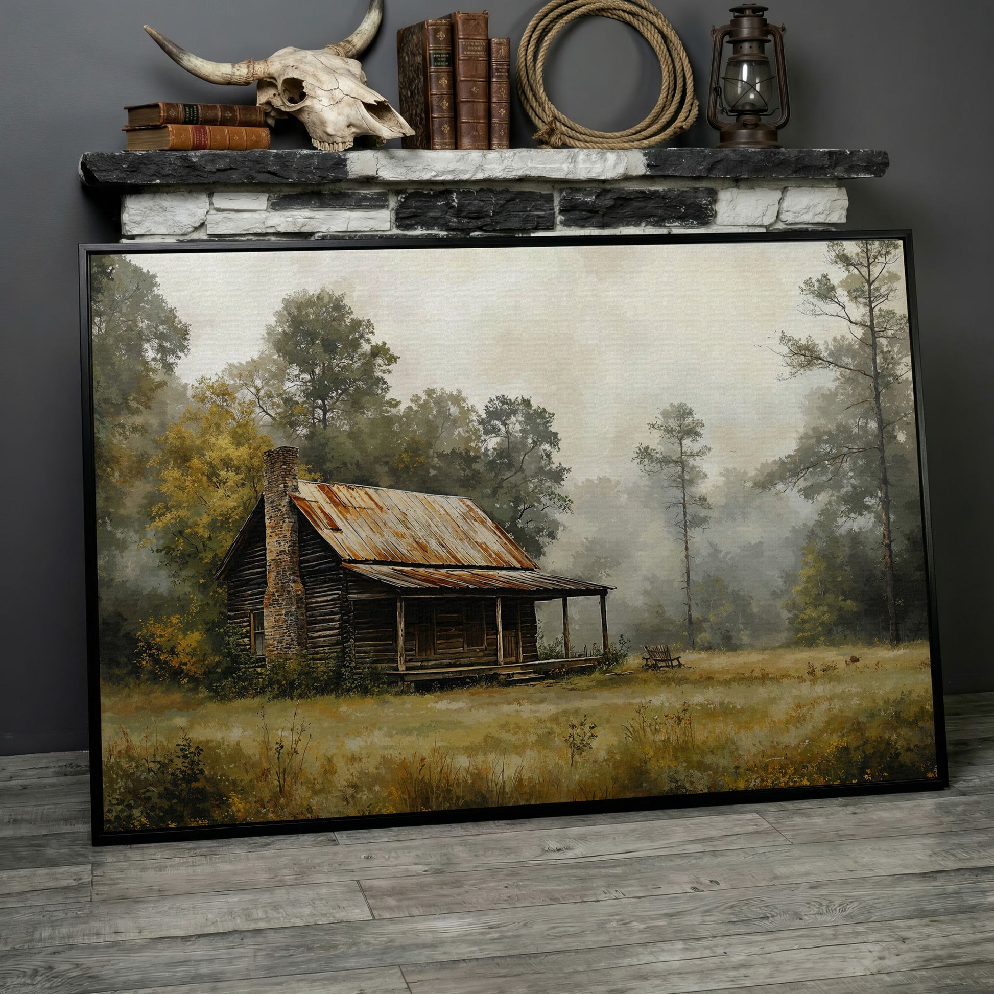 Misty Cabin in the Field Canvas Print in black floating frame