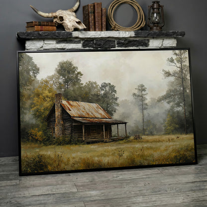 Misty Cabin in the Field Canvas Print in black floating frame