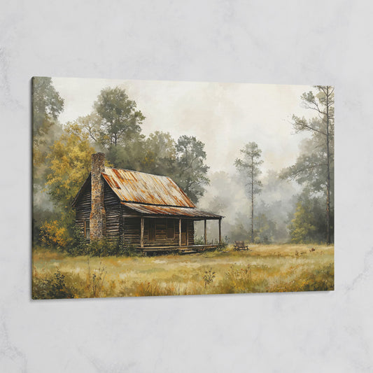 Misty Cabin in the Field Canvas Print on gallery wrap