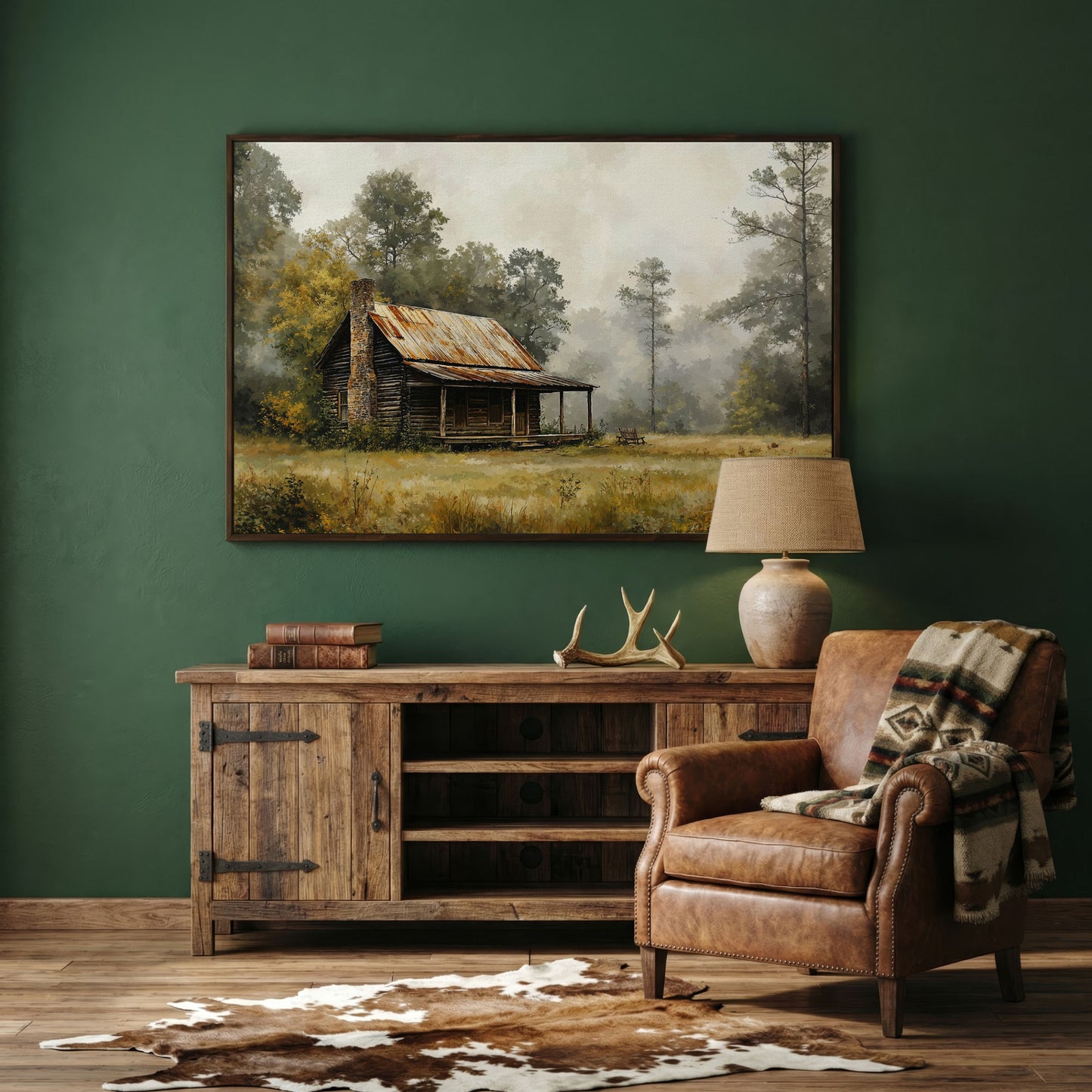 Misty Cabin in the Field Canvas Print in dark walnut floating frame