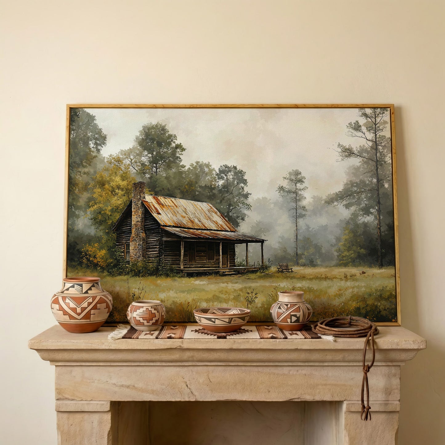 Misty Cabin in the Field Canvas Print in white oak floating frame