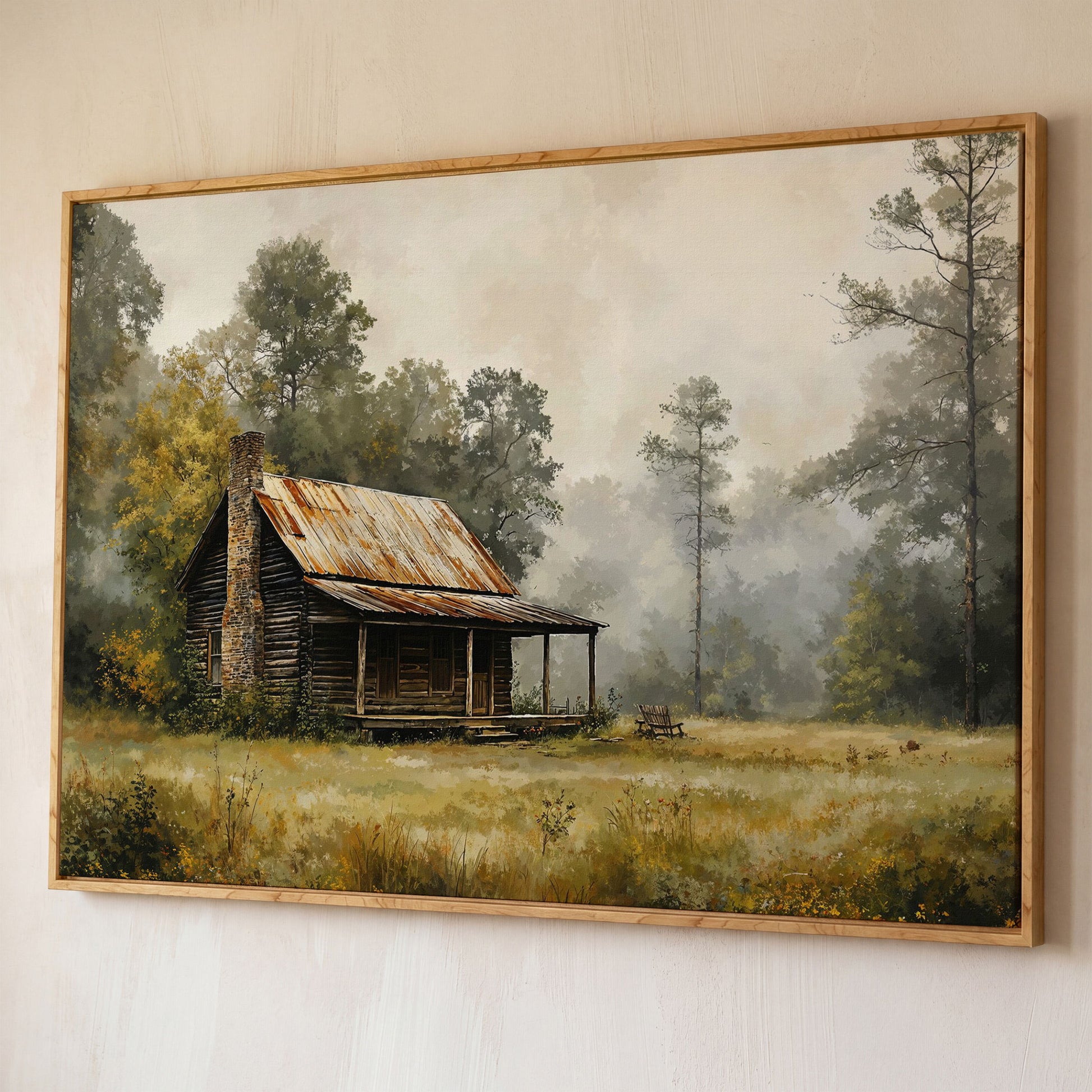 Misty Cabin in the Field Canvas Print shown in white oak floating frame