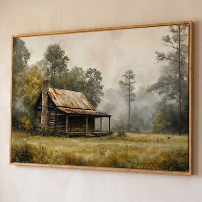 Misty Cabin in the Field Canvas Print shown in white oak floating frame