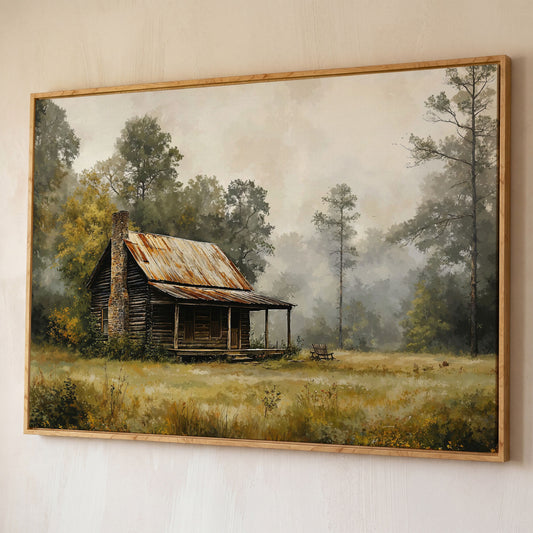 Misty Cabin in the Field Canvas Print shown in white oak floating frame