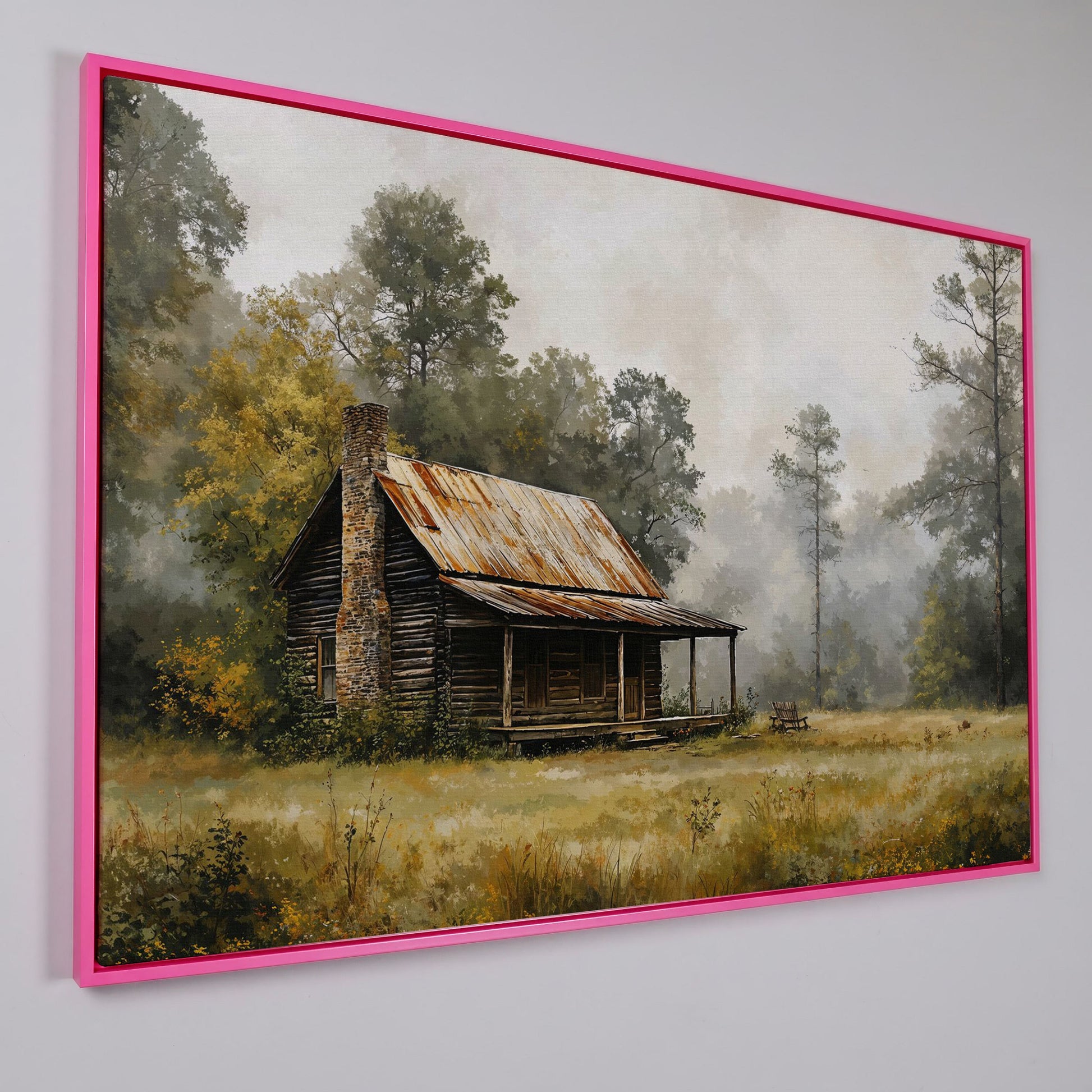 Misty Cabin in the Field Canvas Print in pink floating frame