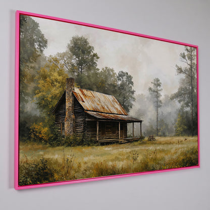 Misty Cabin in the Field Canvas Print in pink floating frame