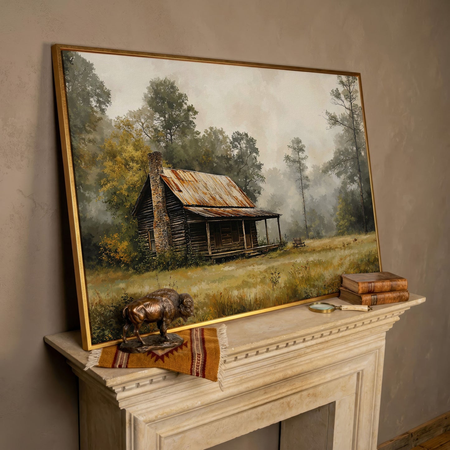 Misty Cabin in the Field Canvas Print in rose gold floating frame
