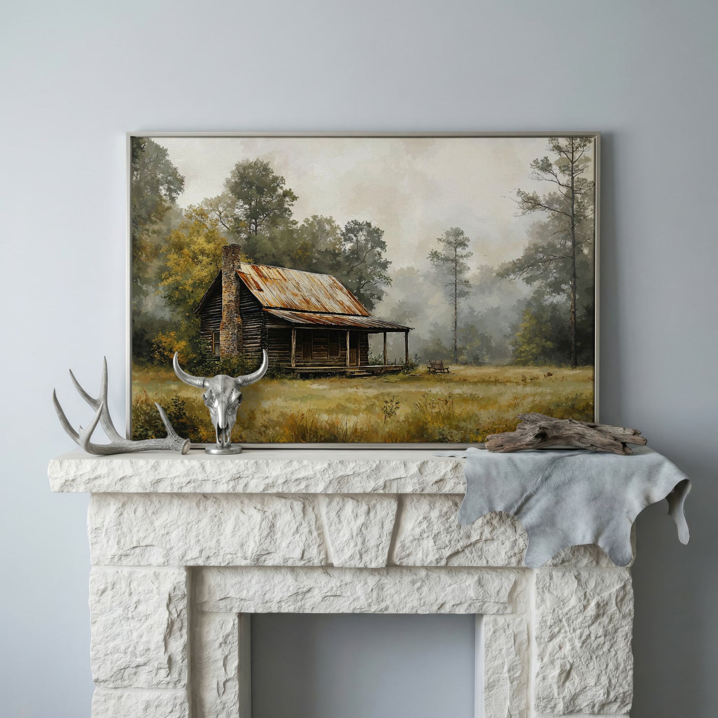 Misty Cabin in the Field Canvas Print in silver floating frame