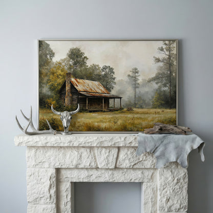 Misty Cabin in the Field Canvas Print in silver floating frame