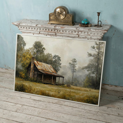 Misty Cabin in the Field Canvas Print in white floating frame