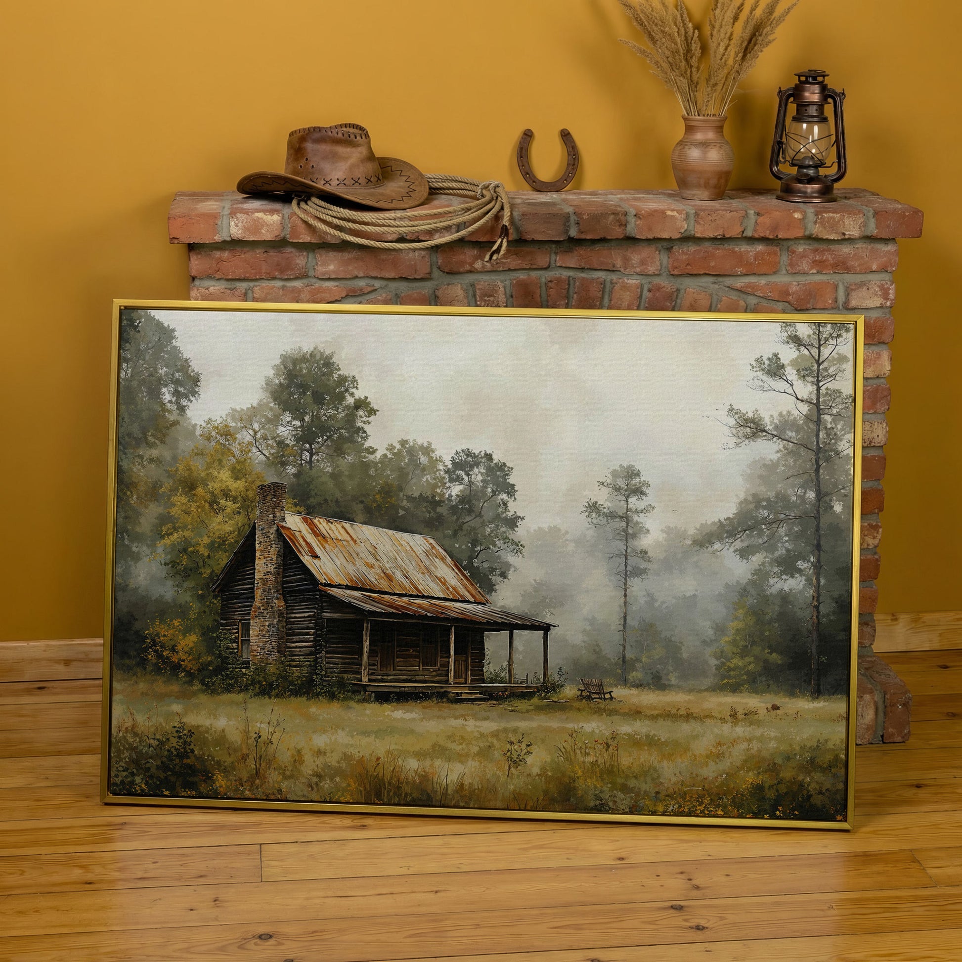 Misty Cabin in the Field Canvas Print in yellow gold floating frame