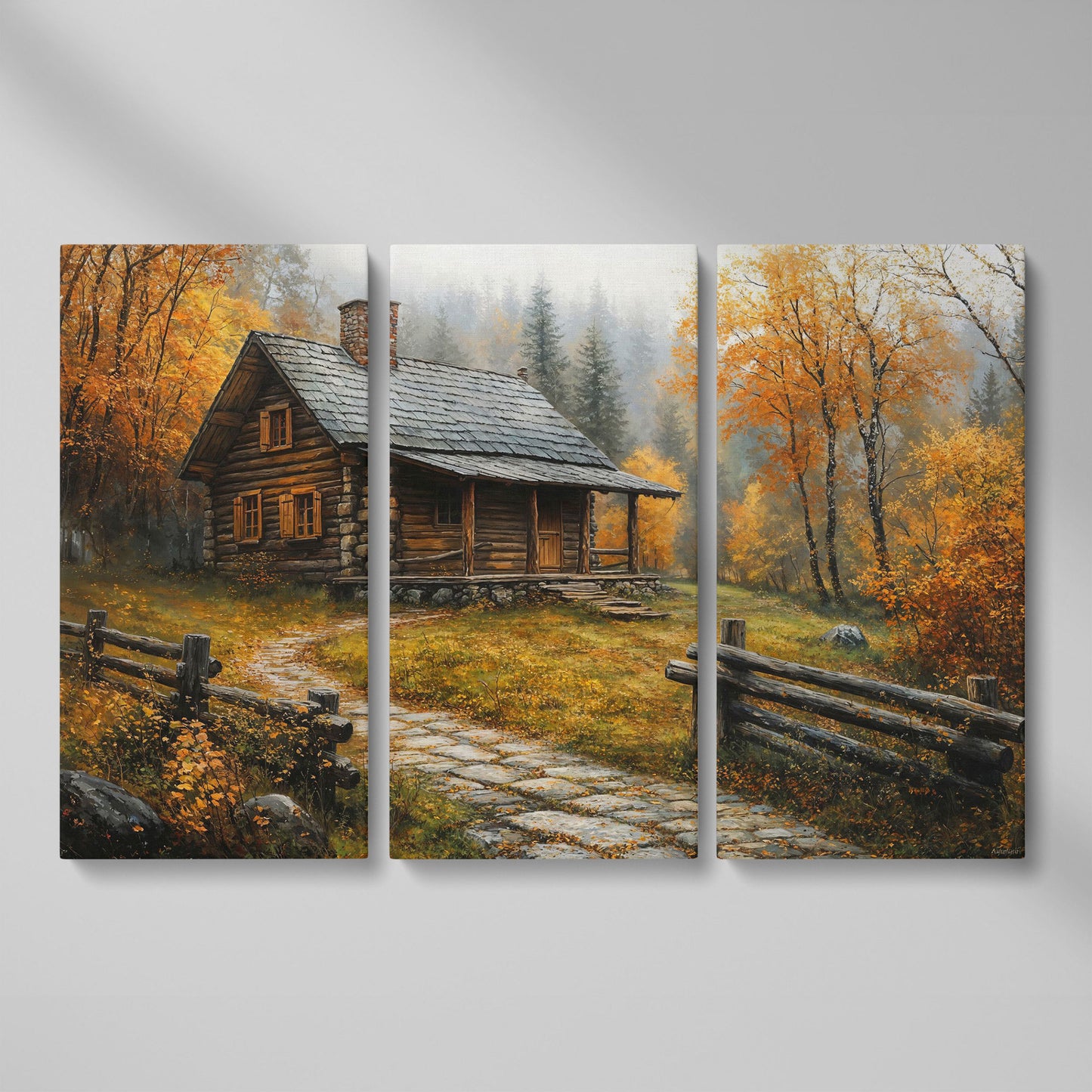 Autumn Cabin Canvas - Goldenrod Woodland Landscape as 3-panel split version