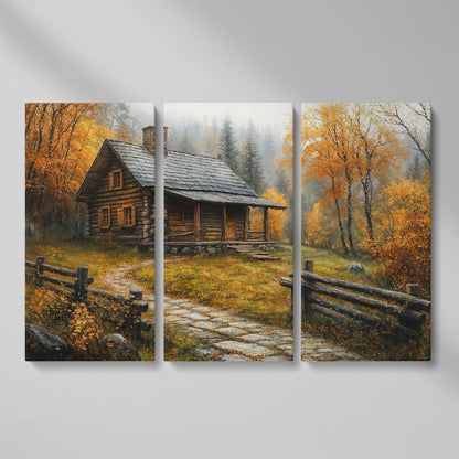 Autumn Cabin Canvas - Goldenrod Woodland Landscape as 3-panel split version