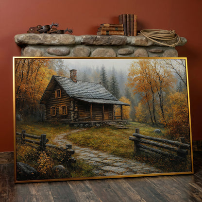 Autumn Cabin Canvas - Goldenrod Woodland Landscape in antique gold floating frame