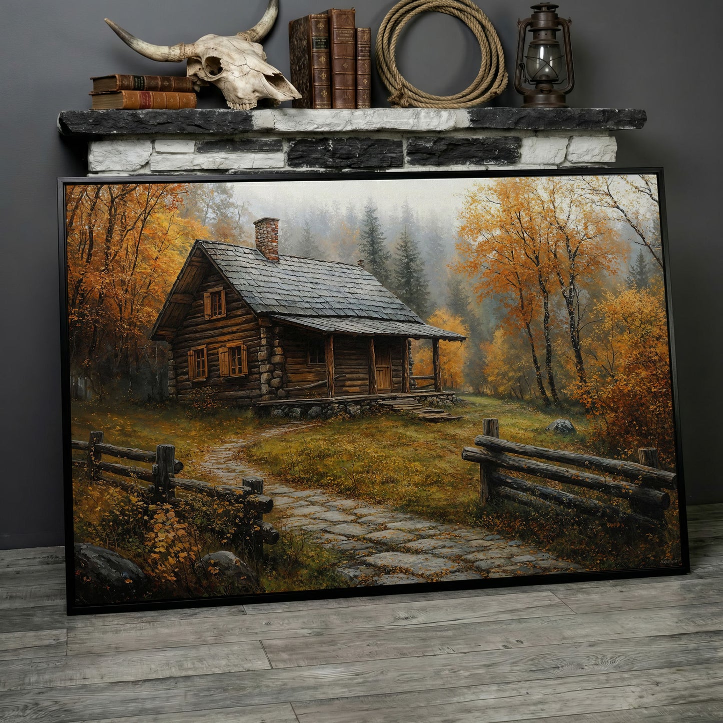 Autumn Cabin Canvas - Goldenrod Woodland Landscape in black floating frame