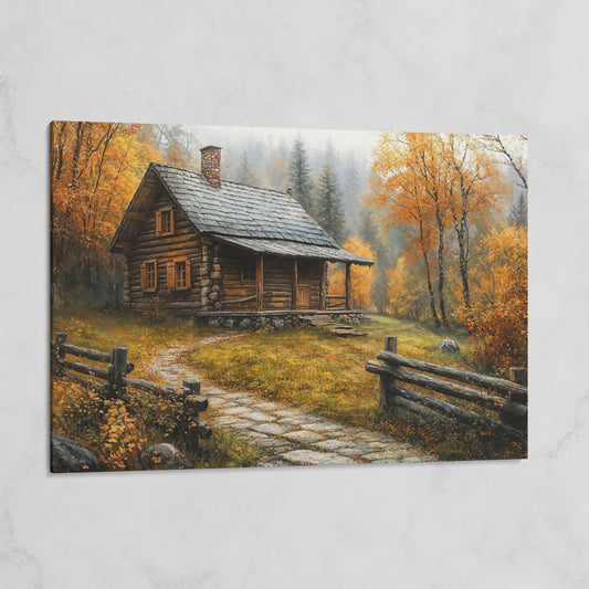 Autumn Cabin Canvas - Goldenrod Woodland Landscape on gallery wrap
