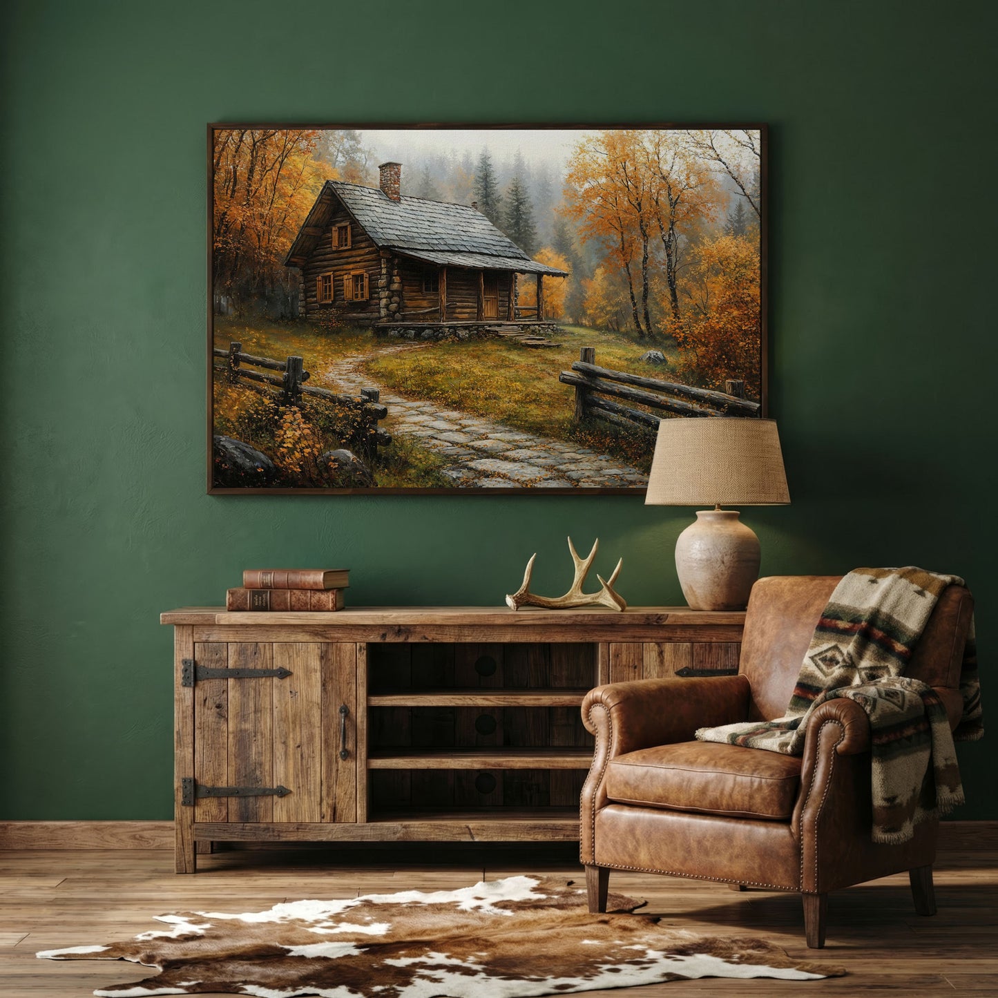 Autumn Cabin Canvas - Goldenrod Woodland Landscape in dark walnut floating frame