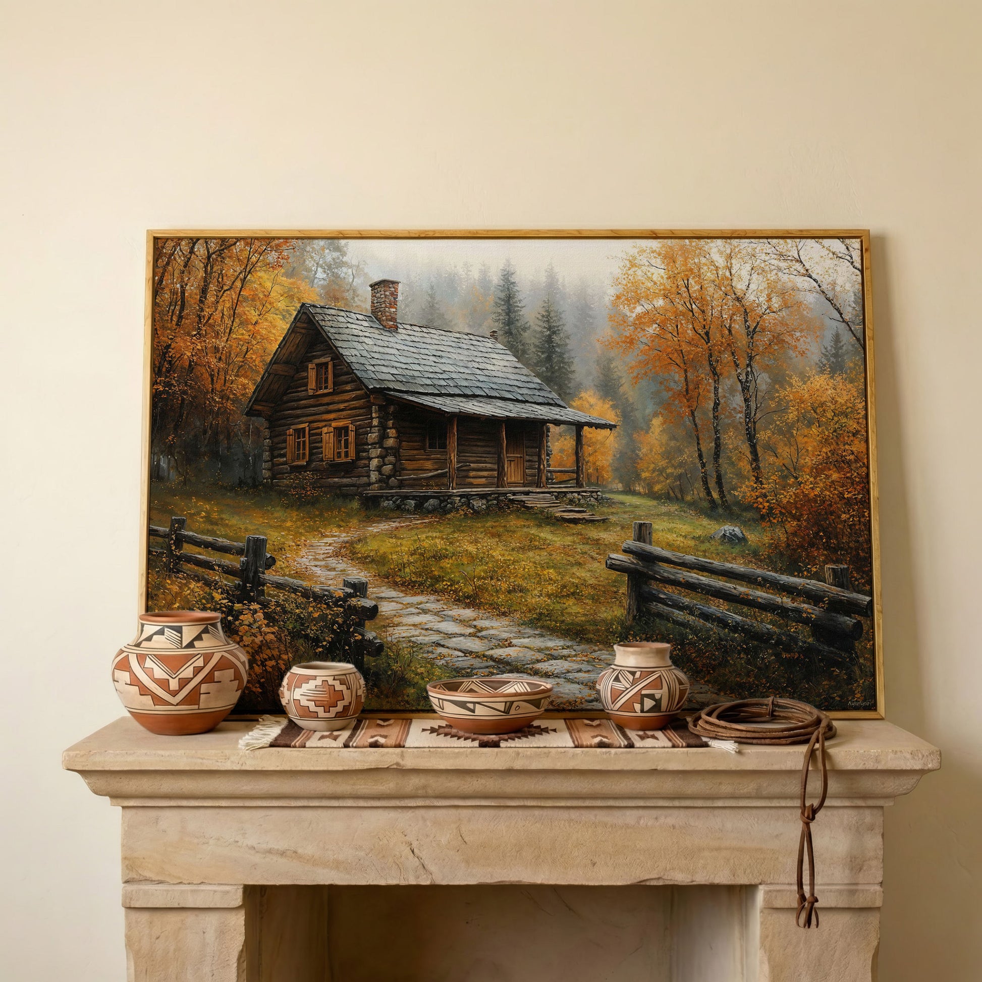 Autumn Cabin Canvas - Goldenrod Woodland Landscape in white oak floating frame