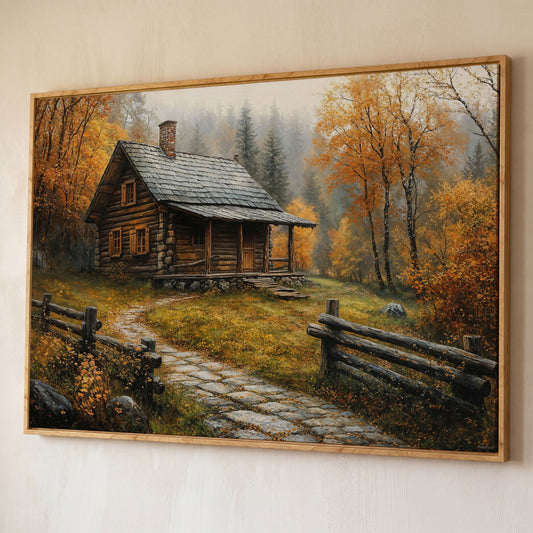 Autumn Cabin Canvas - Goldenrod Woodland Landscape shown in white oak floating frame