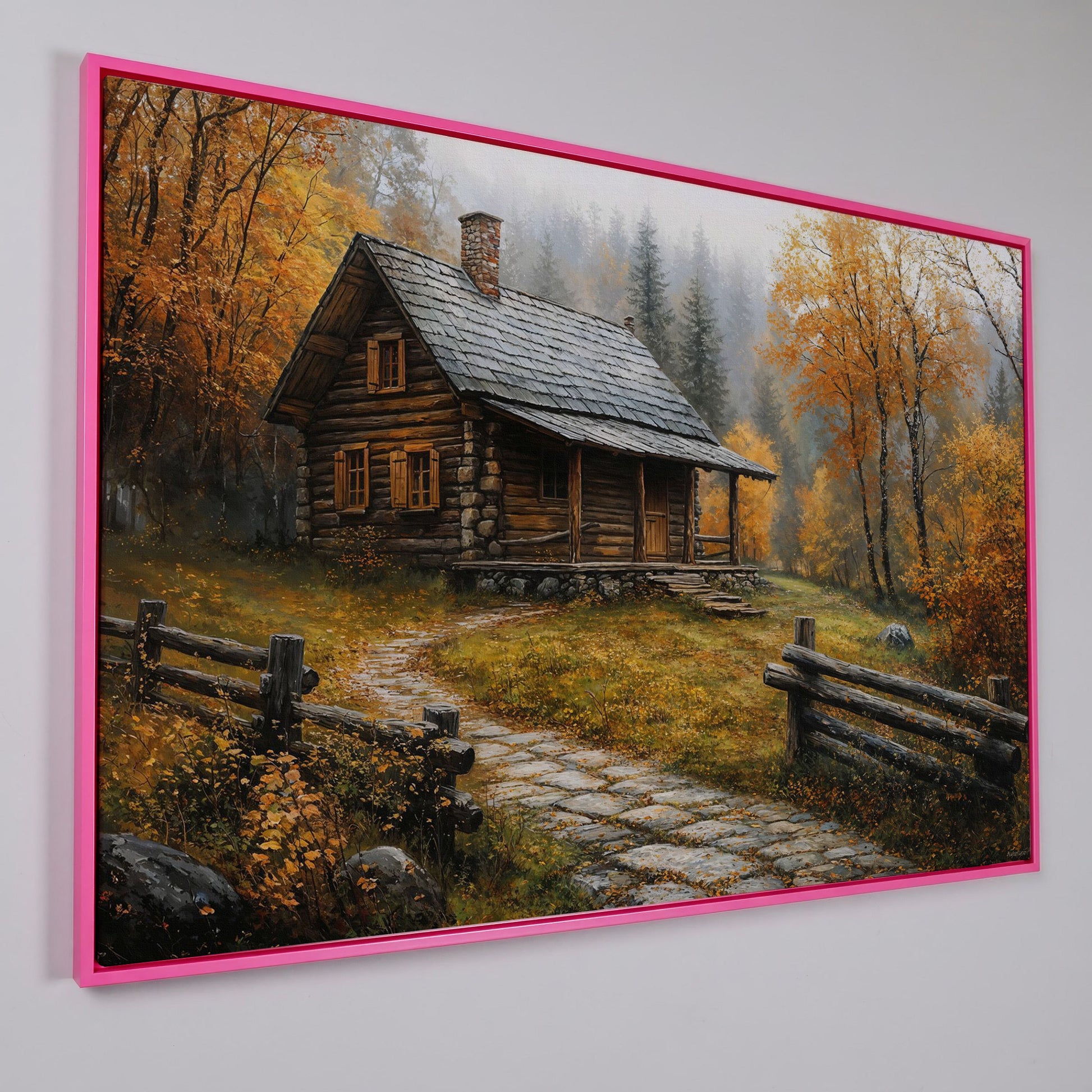 Autumn Cabin Canvas - Goldenrod Woodland Landscape in pink floating frame
