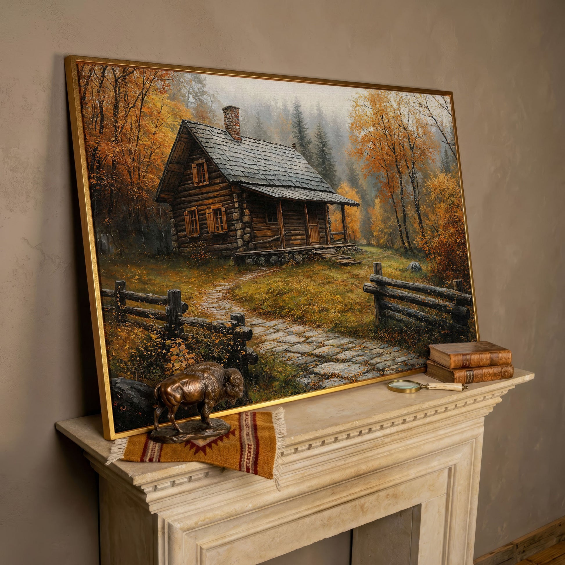 Autumn Cabin Canvas - Goldenrod Woodland Landscape in rose gold floating frame