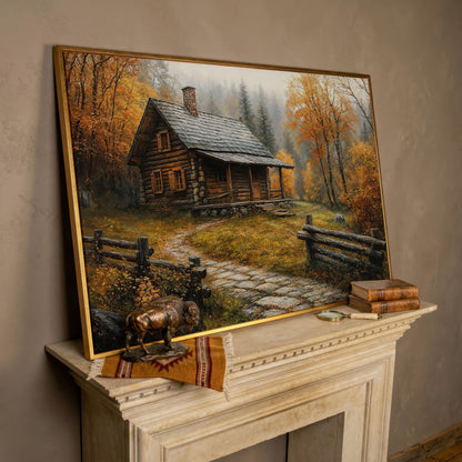 Autumn Cabin Canvas - Goldenrod Woodland Landscape in rose gold floating frame