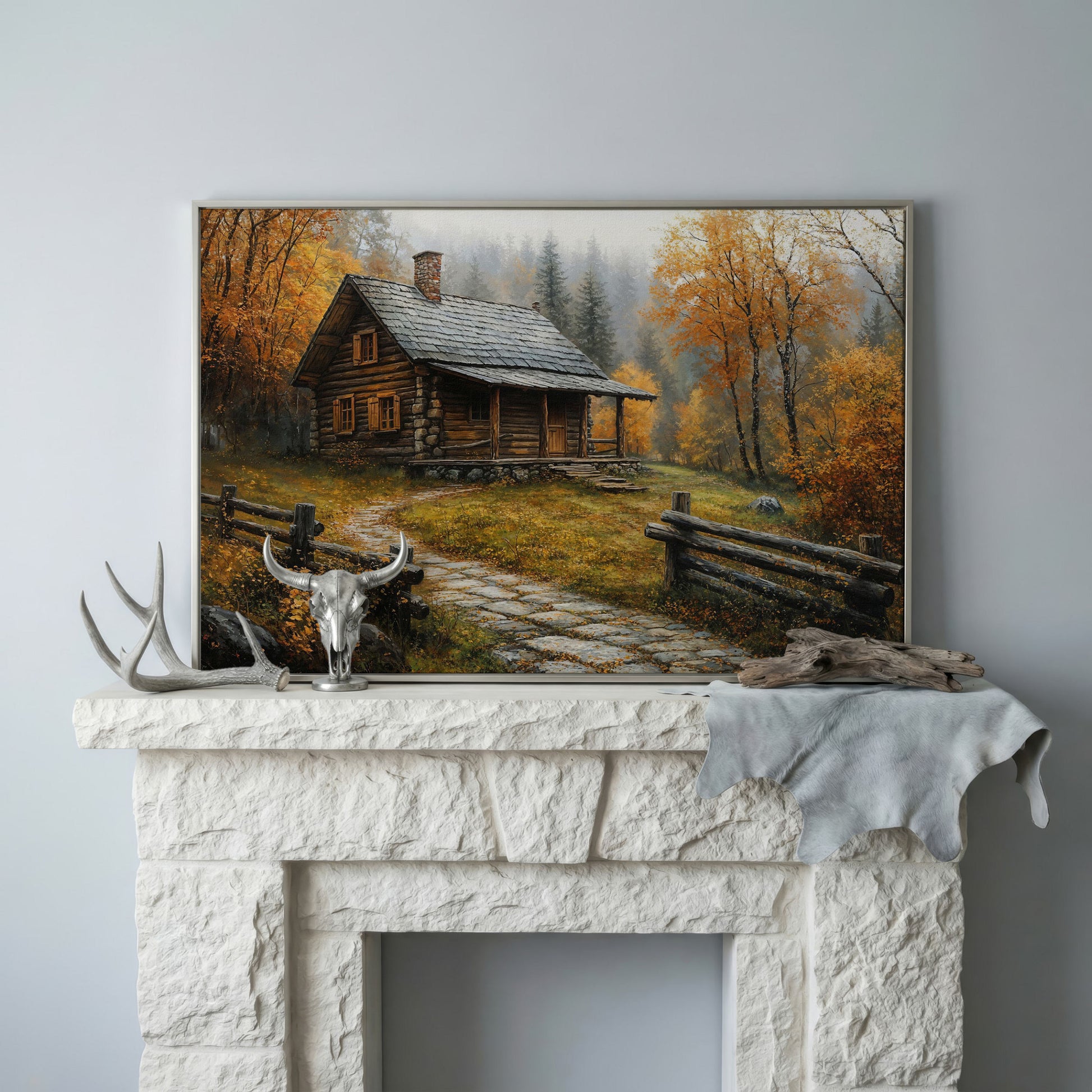 Autumn Cabin Canvas - Goldenrod Woodland Landscape in silver floating frame