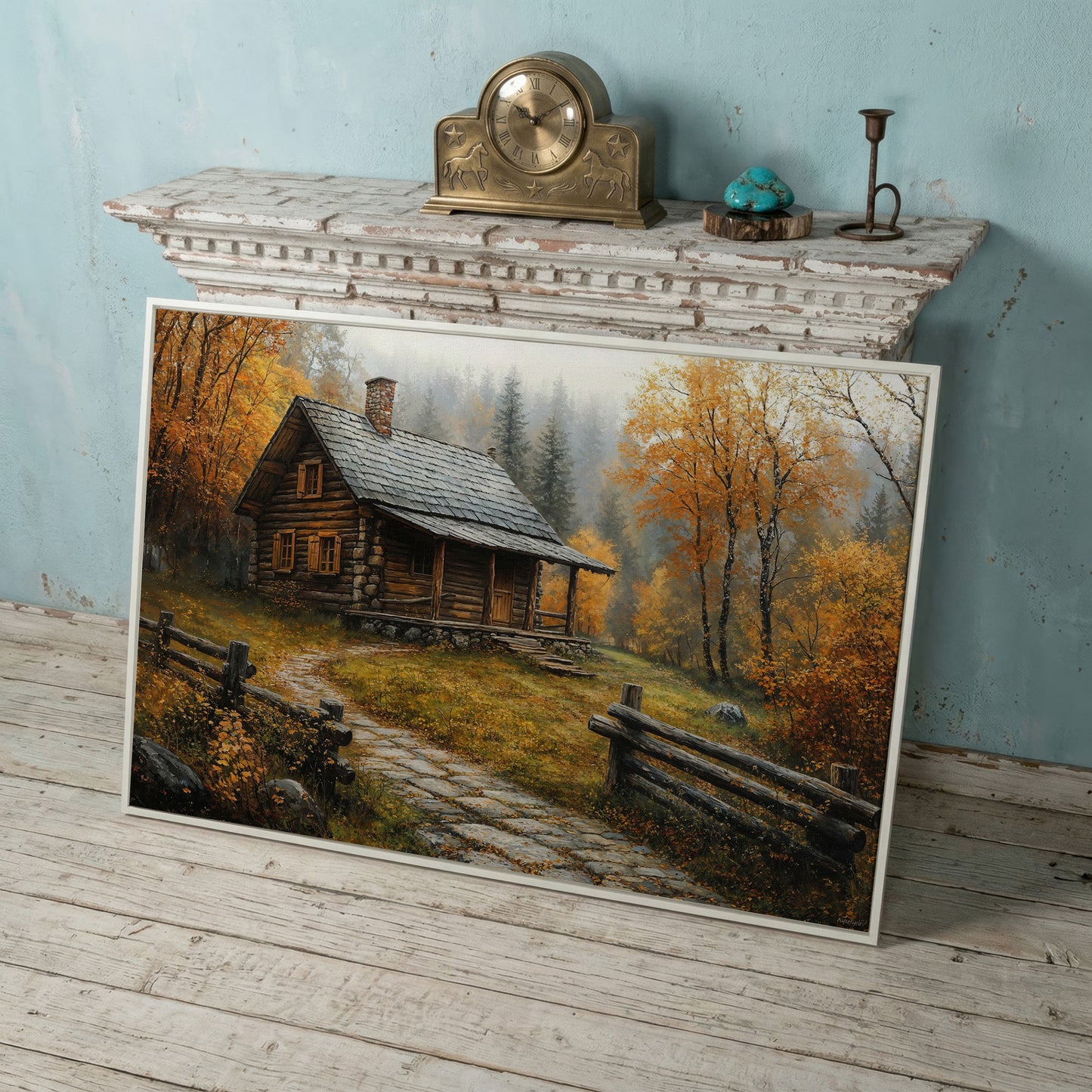 Autumn Cabin Canvas - Goldenrod Woodland Landscape in white floating frame