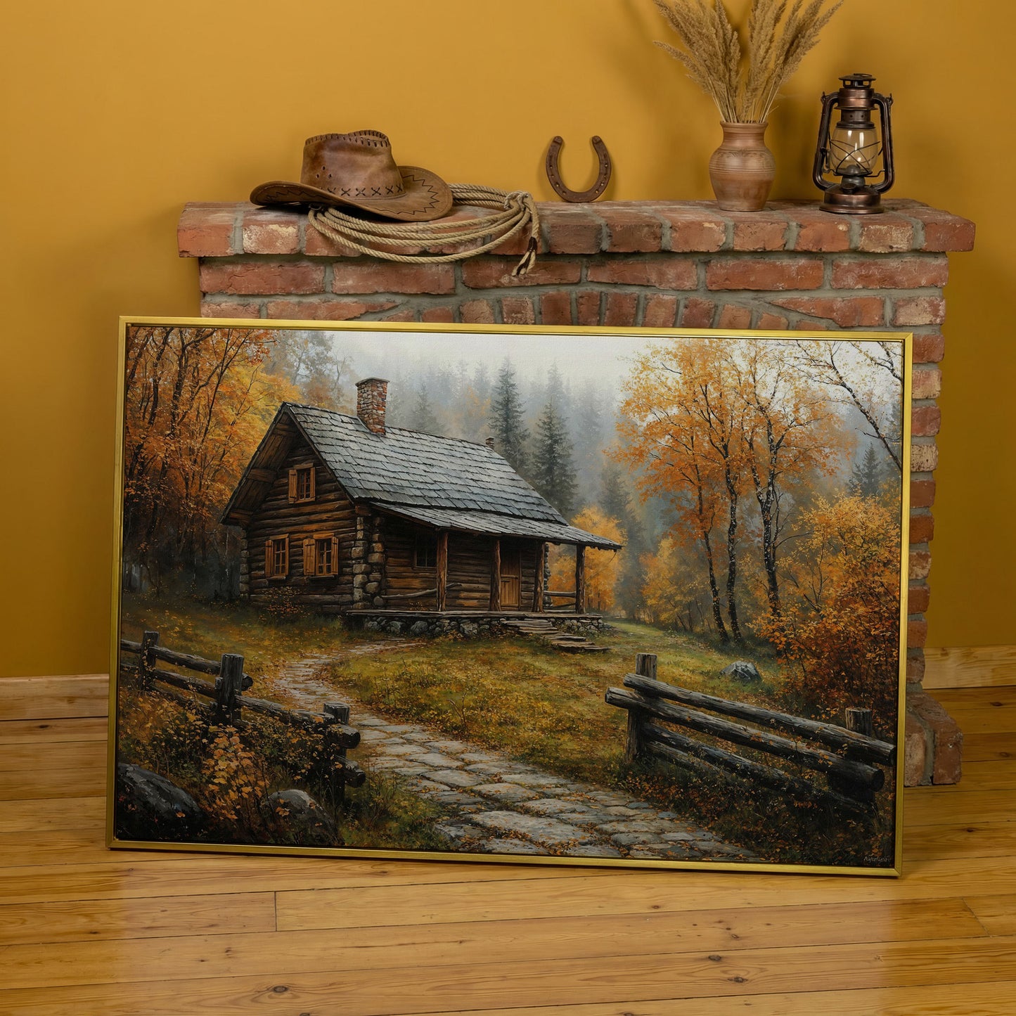 Autumn Cabin Canvas - Goldenrod Woodland Landscape in yellow gold floating frame