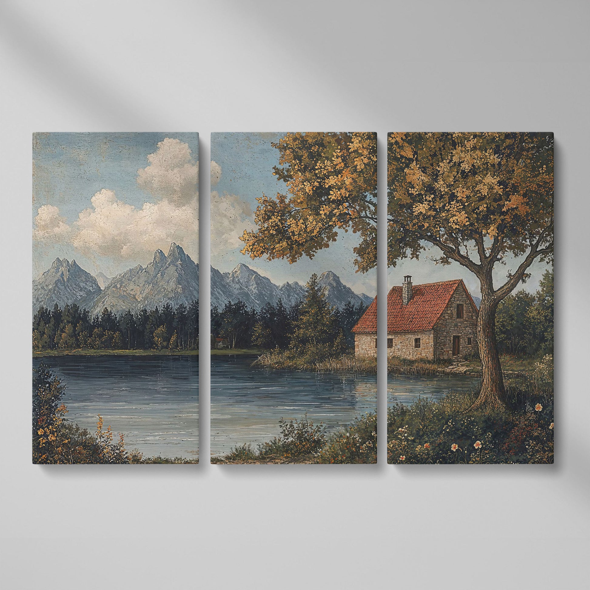 Mountain Lakeside Cottage Canvas as 3-panel split version