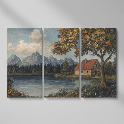 Mountain Lakeside Cottage Canvas as 3-panel split version