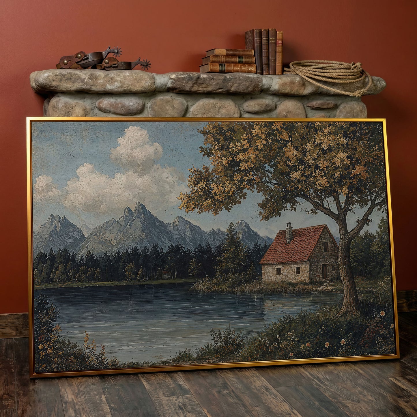 Mountain Lakeside Cottage Canvas in antique gold floating frame