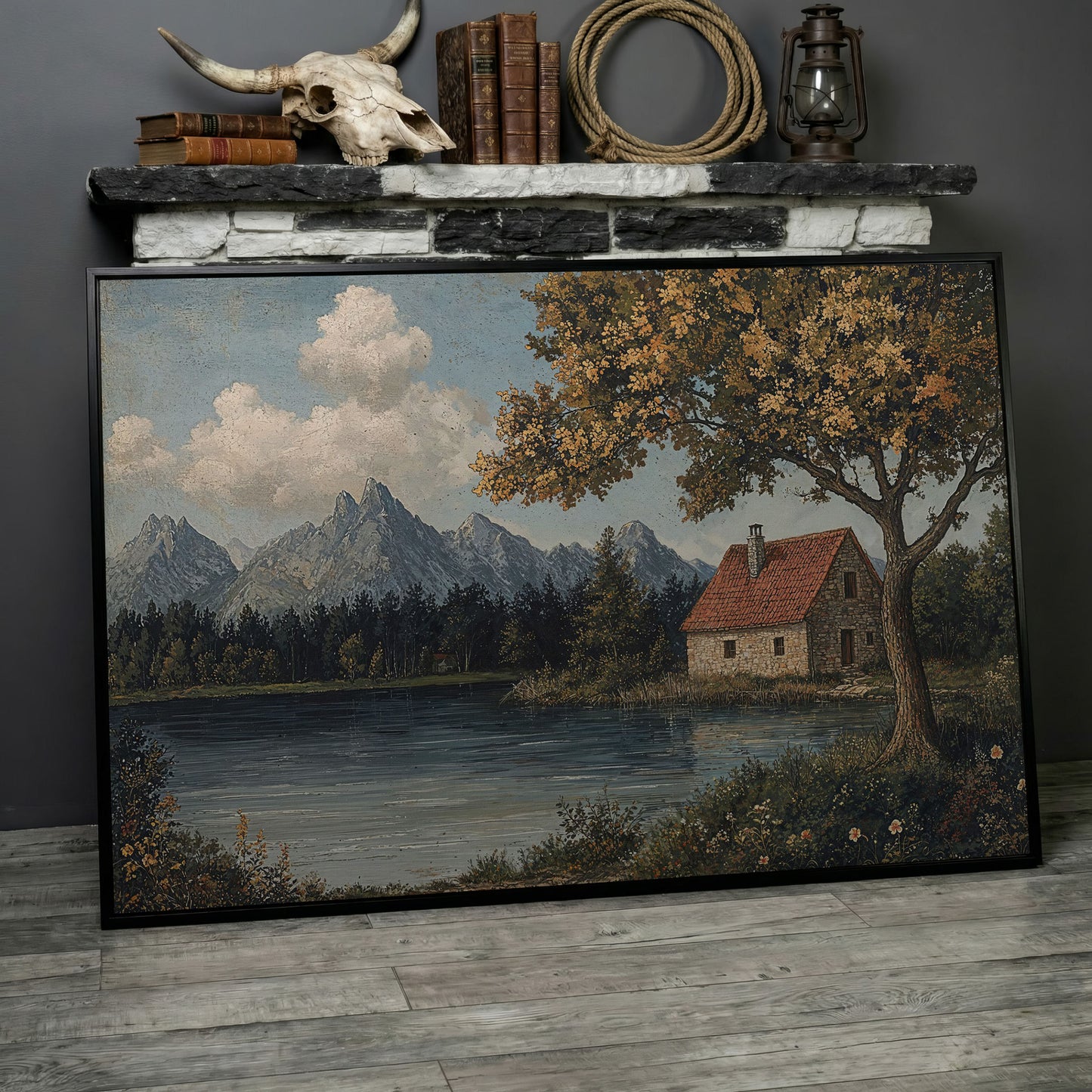 Mountain Lakeside Cottage Canvas in black floating frame