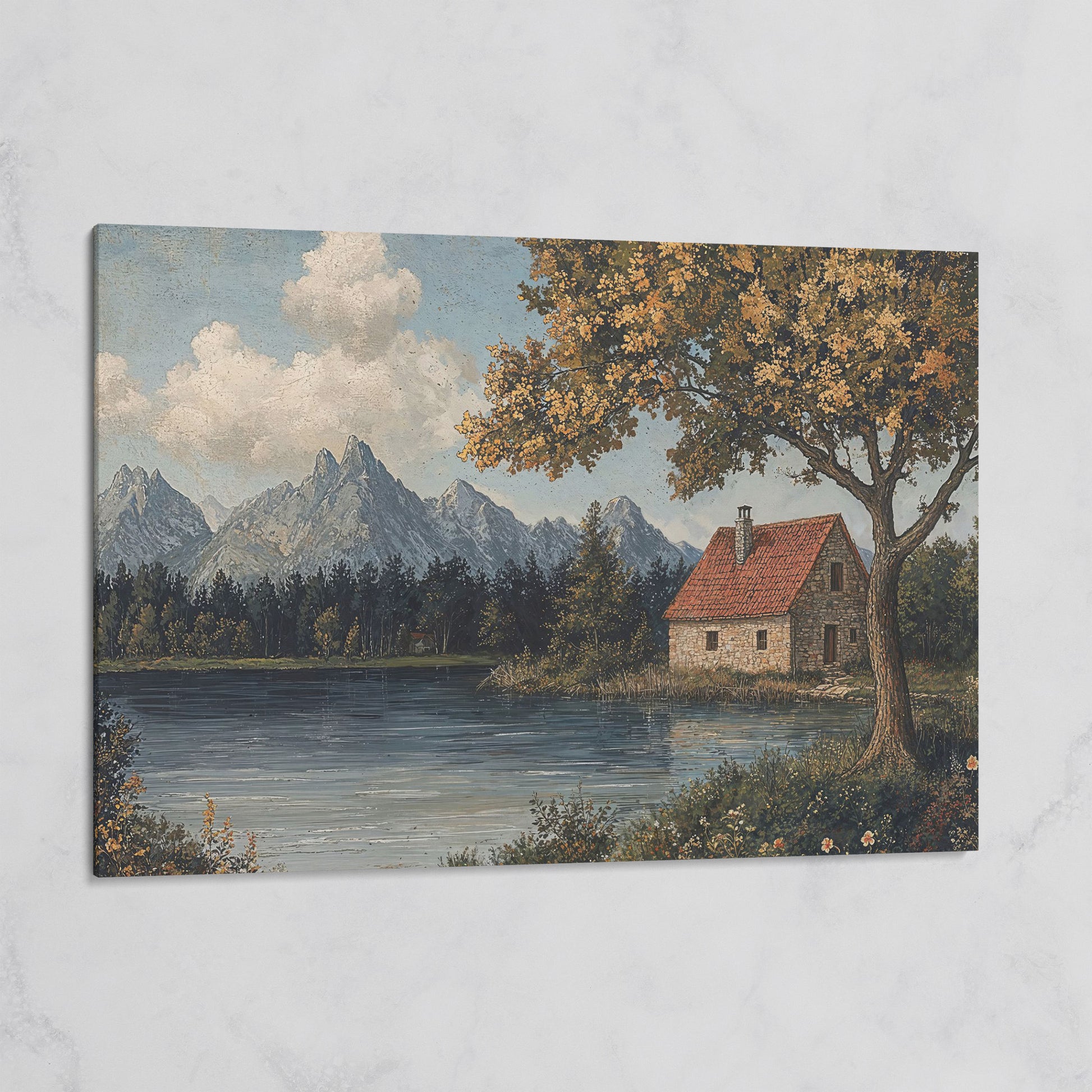 Mountain Lakeside Cottage Canvas on gallery wrap