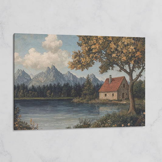 Mountain Lakeside Cottage Canvas on gallery wrap