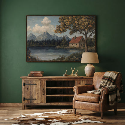 Mountain Lakeside Cottage Canvas in dark walnut floating frame