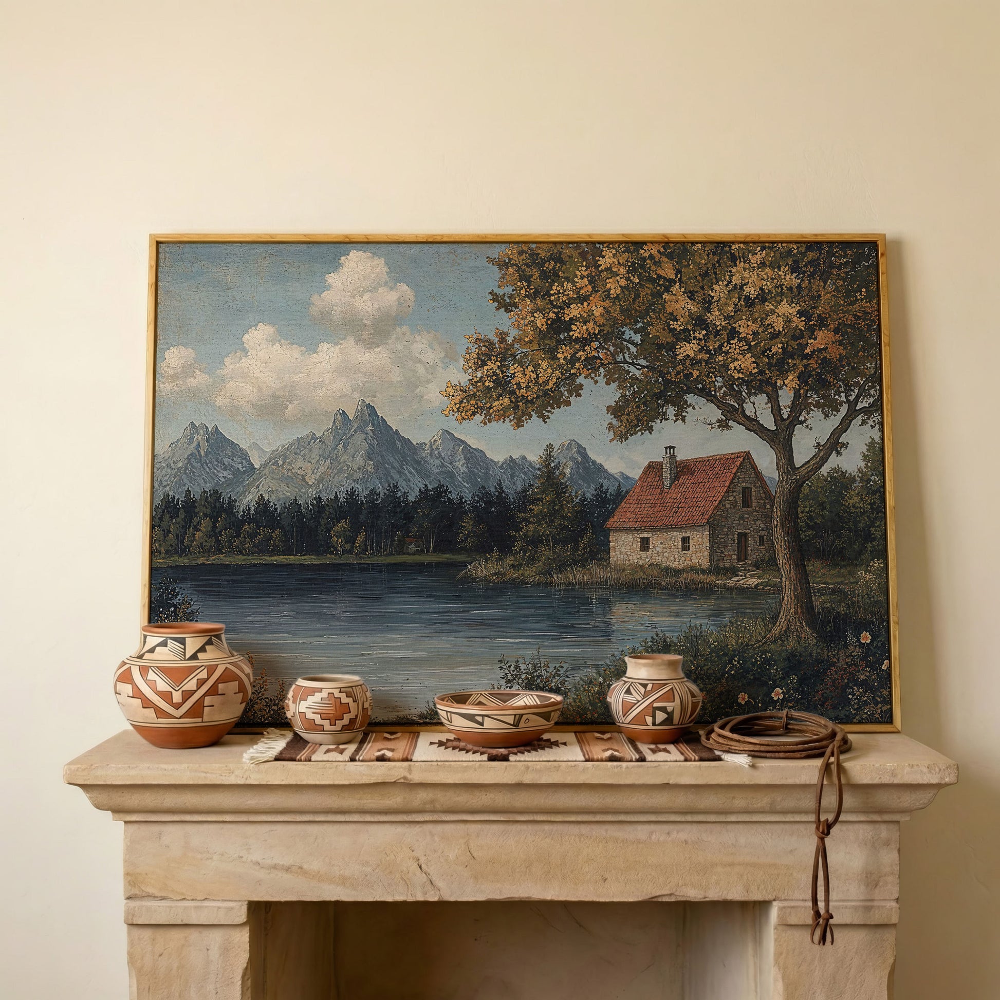 Mountain Lakeside Cottage Canvas in white oak floating frame