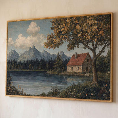 Mountain Lakeside Cottage Canvas shown in white oak floating frame