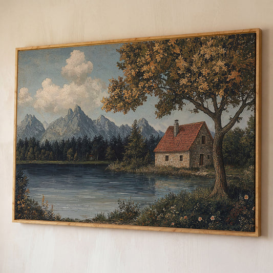 Mountain Lakeside Cottage Canvas shown in white oak floating frame