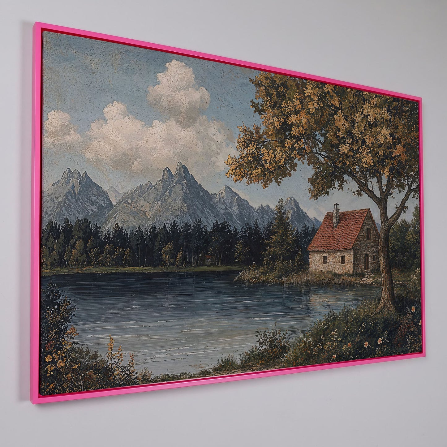 Mountain Lakeside Cottage Canvas in pink floating frame