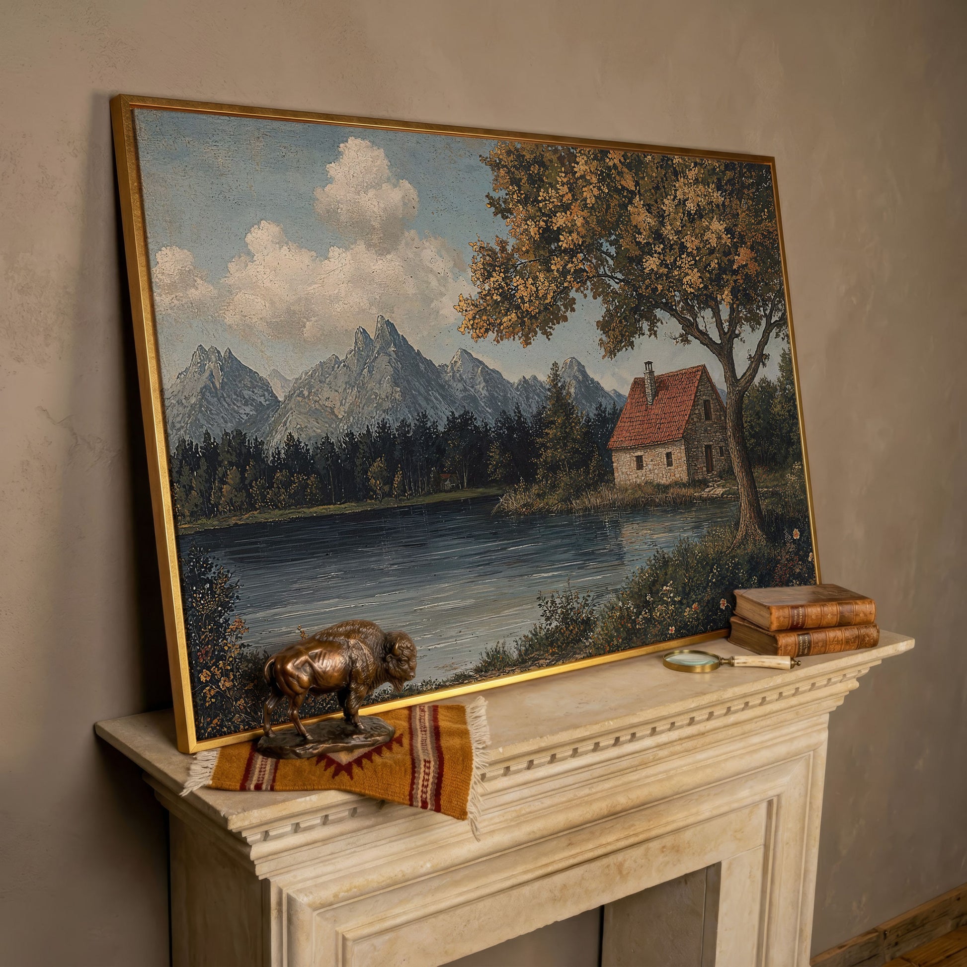Mountain Lakeside Cottage Canvas in rose gold floating frame